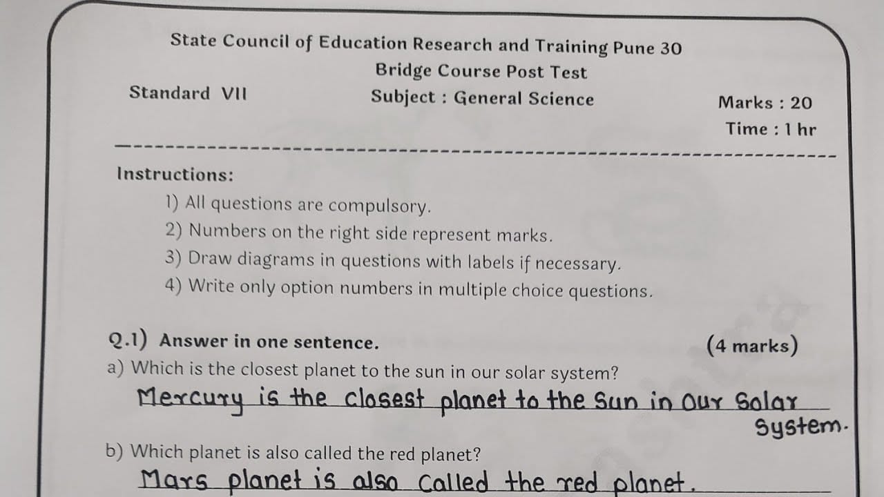 Bridge Course Class 7 Science Pre Test Model Question Paper 4 bridge course class 7 science pre test model question paper